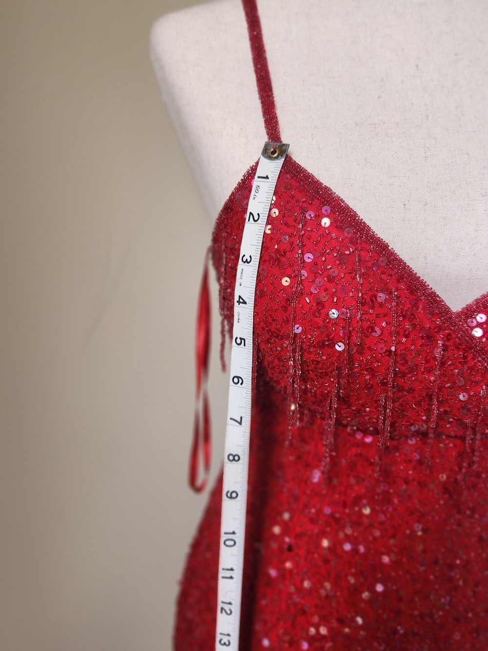 Vintage 1990s Scala Red Silk Beaded Sequin Fringe Maxi Gown Made in India M - Picture 14 of 15